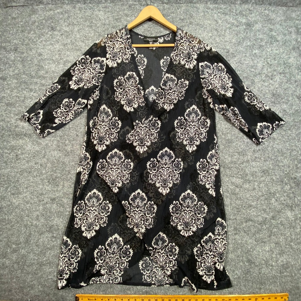 R&M Richards Womens 16W Black White Damask Mesh Open Front Jacket 3/4 Sleeve